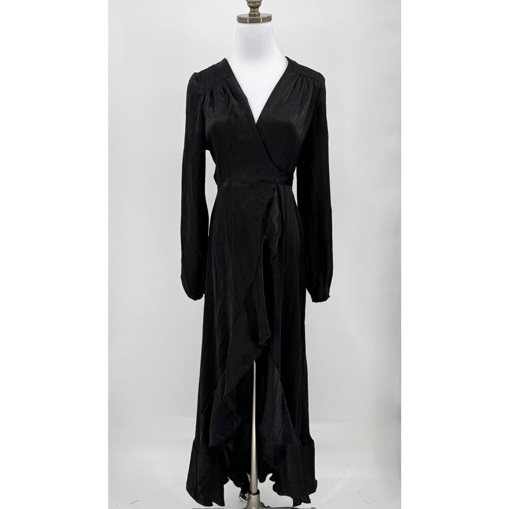 Flounce London Mila Black Wrap Front Satin Long Sleeve Midi Dress Sz US 6 NEW